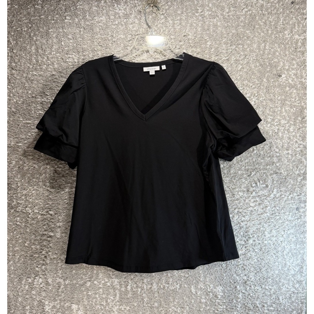 Chicos Puff Sleeve V-Neck Blouse Top Size 2, L Cotton Black Preppy Minimalist